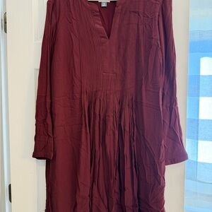 Women’s Burgundy Pleated Long-Sleeve Tunic Dress